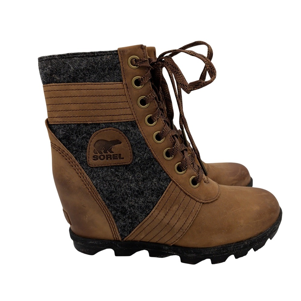 Sorel Lexie Wedge Boots Womens 8 Elk Brown Leather Felt NL3376-256